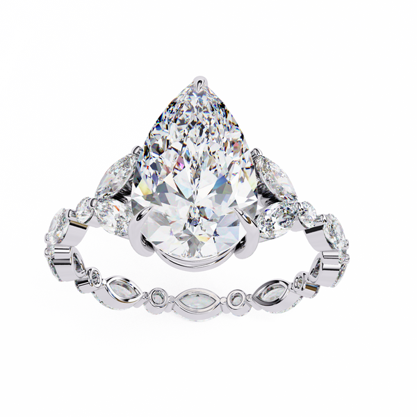 White Gold Pear Cut Diamond Ring with Marquise and Round Eternity Band