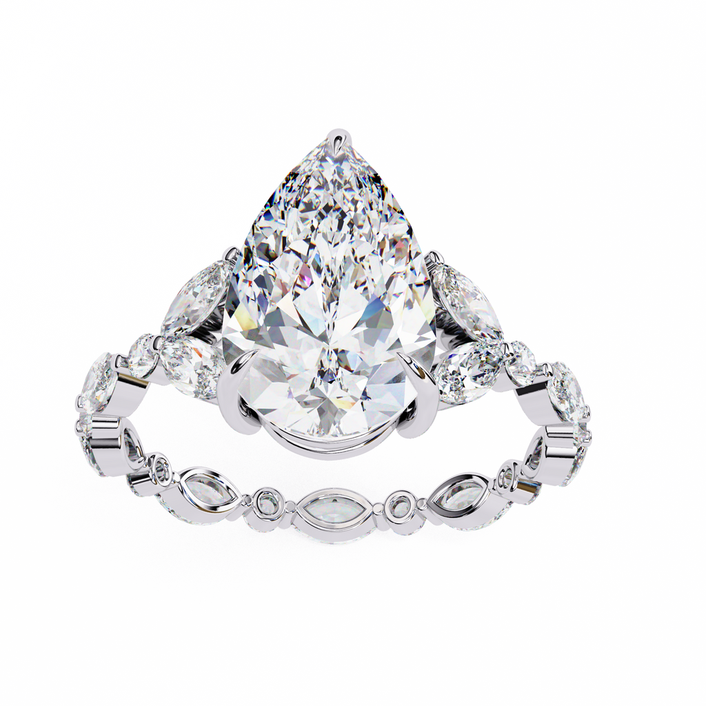 White Gold Pear Cut Diamond Ring with Marquise and Round Eternity Band