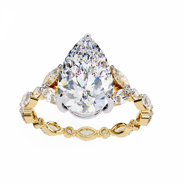 Yellow Gold Pear Cut Diamond Ring with Marquise and Round Eternity Band