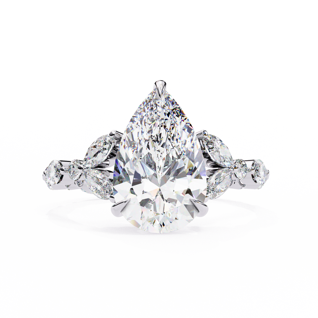 White Gold Pear Cut Diamond Ring with Marquise and Round Eternity Band