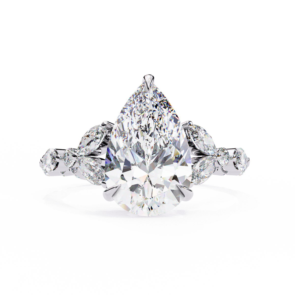 White Gold Pear Cut Diamond Ring with Marquise and Round Eternity Band