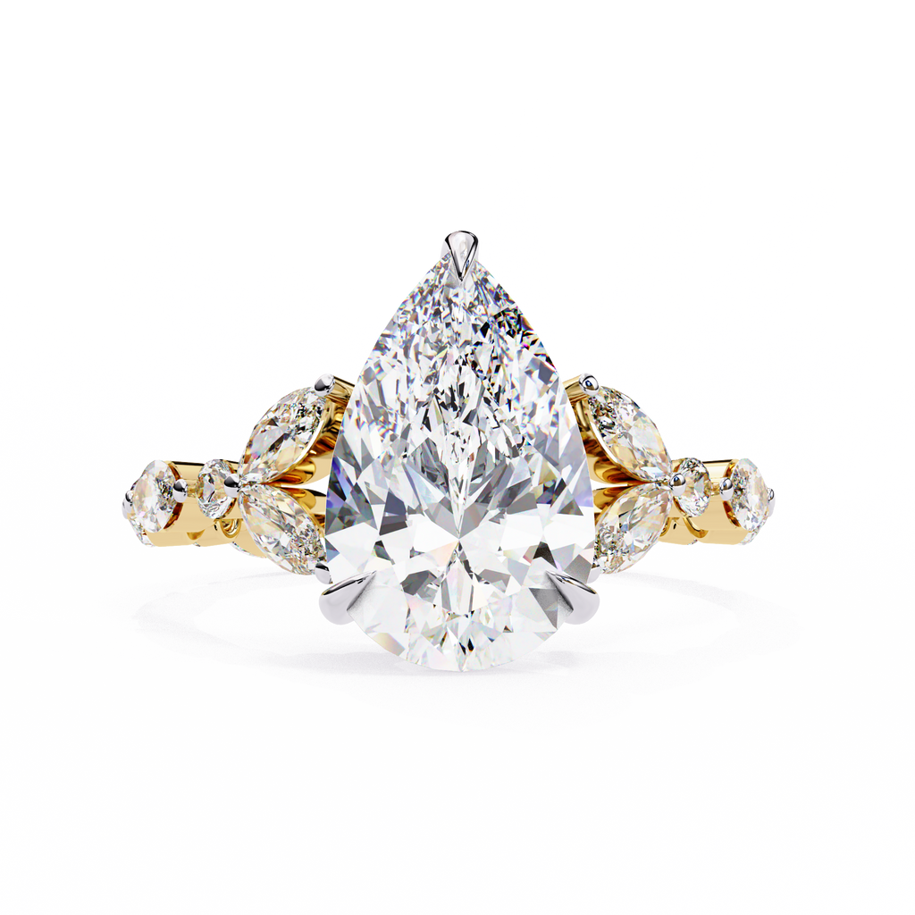 Yellow Gold Pear Cut Diamond Ring with Marquise and Round Eternity Band
