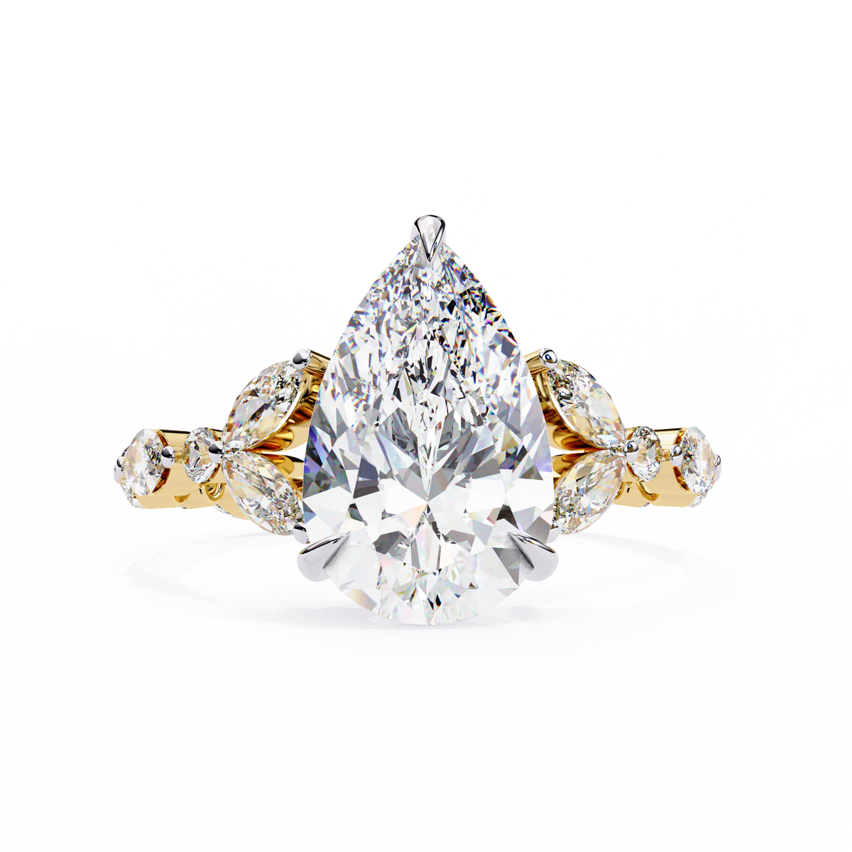 Yellow Gold Pear Cut Diamond Ring with Marquise and Round Eternity Band