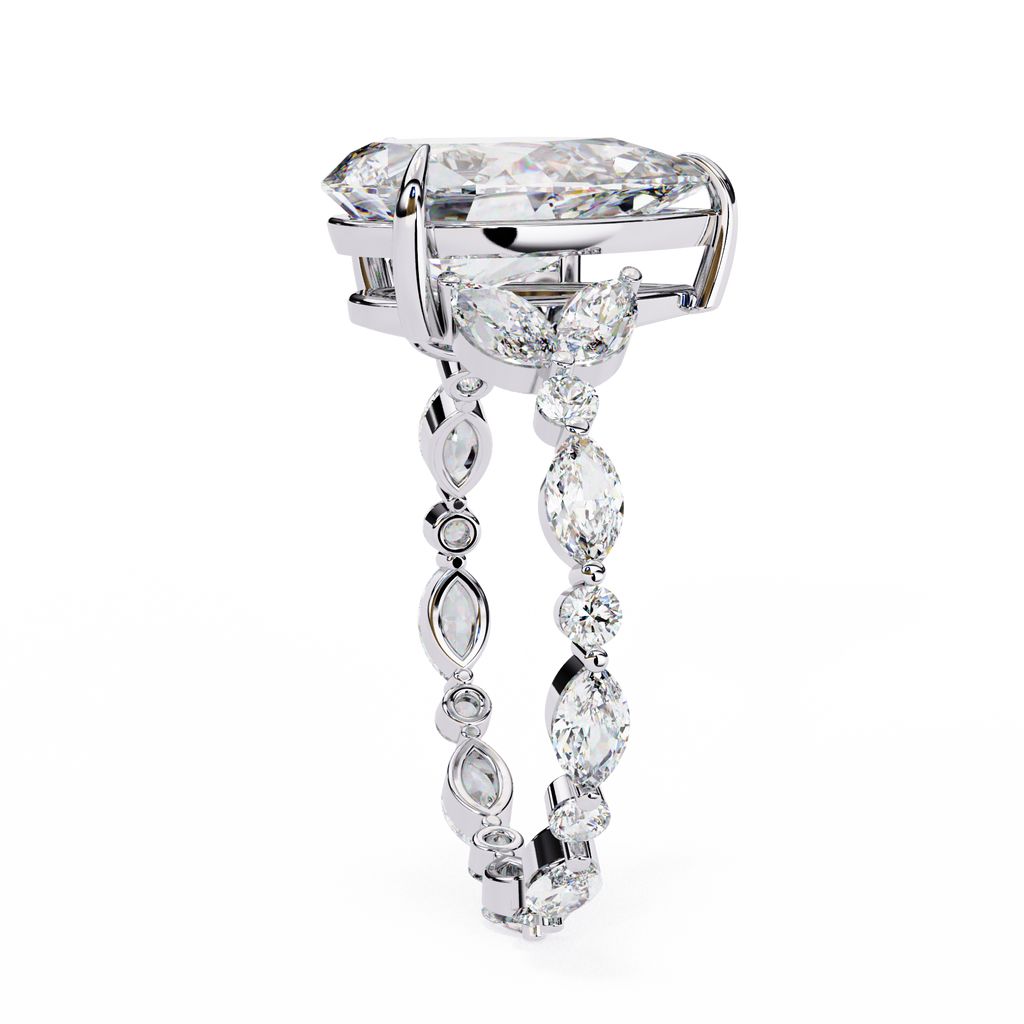 White Gold Pear Cut Diamond Ring with Marquise and Round Eternity Band