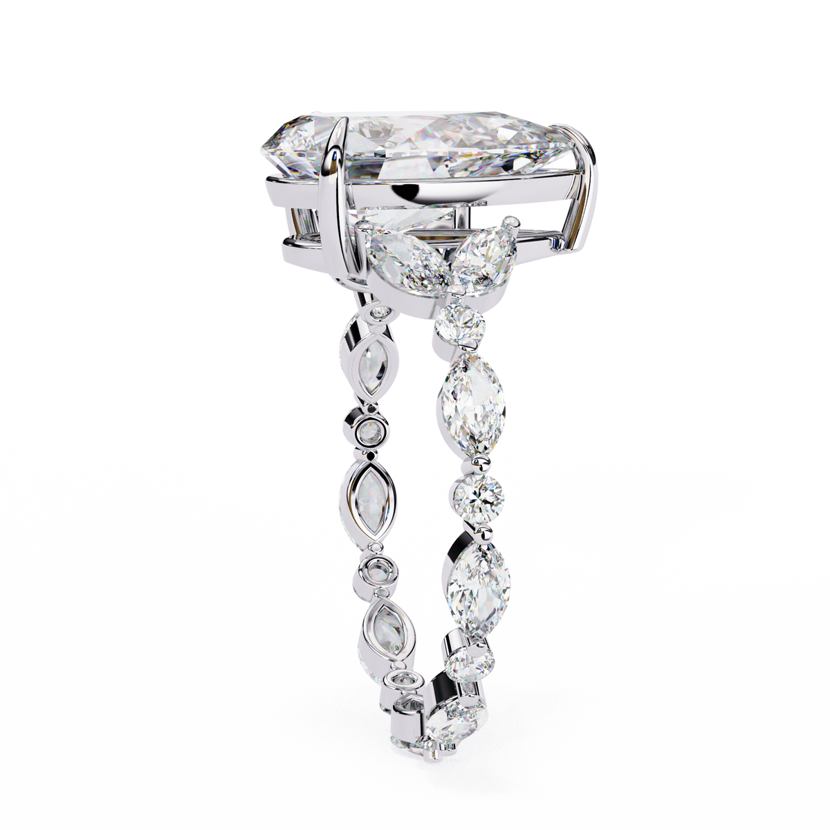 White Gold Pear Cut Diamond Ring with Marquise and Round Eternity Band