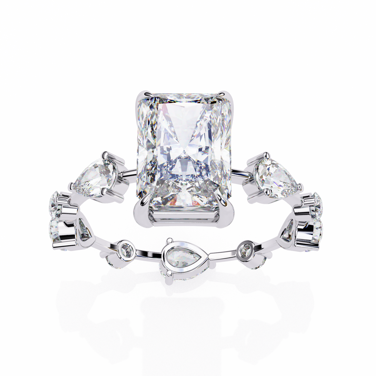 White Gold Radiant Cut Diamond Ring with Pear Eternity Band