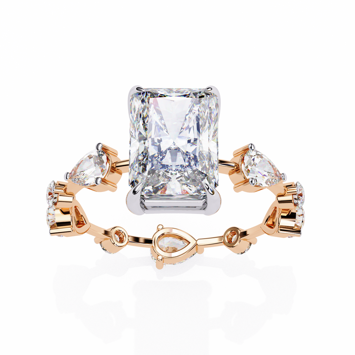 Rose Gold Radiant Cut Diamond Ring with Pear Eternity Band