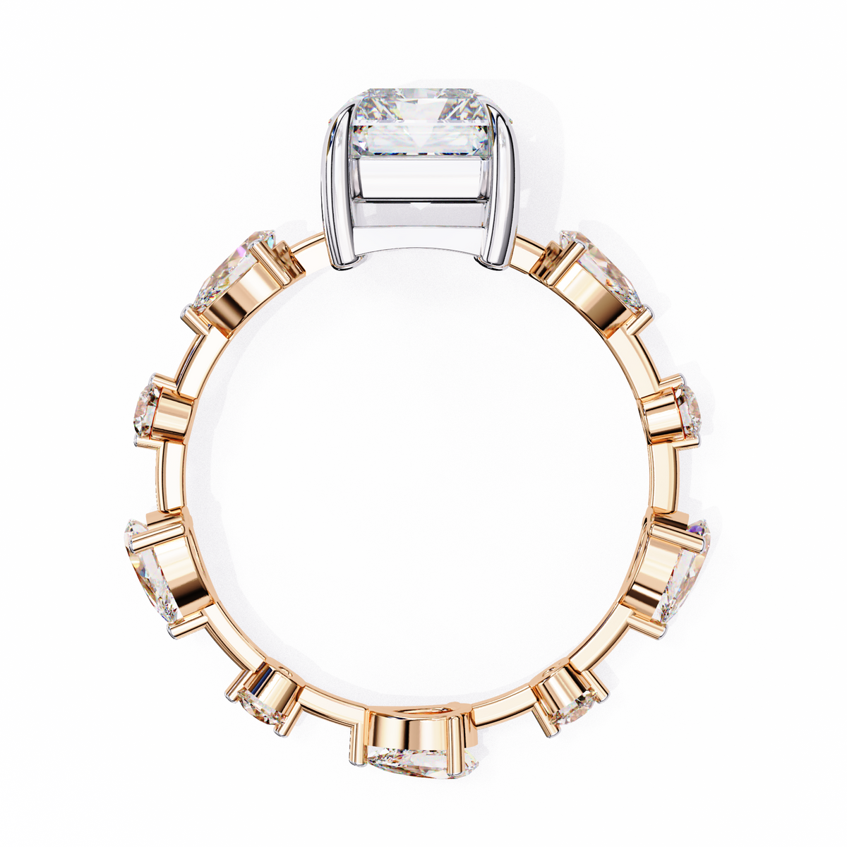 Rose Gold Radiant Cut Diamond Ring with Pear Eternity Band