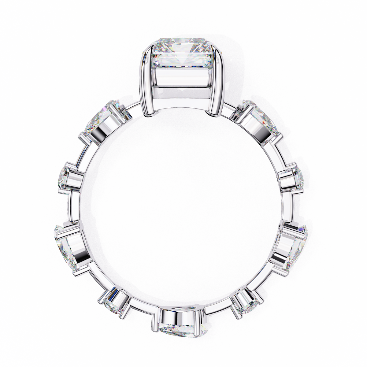 White Gold Radiant Cut Diamond Ring with Pear Eternity Band