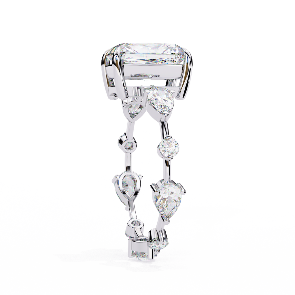 White Gold Radiant Cut Diamond Ring with Pear Eternity Band