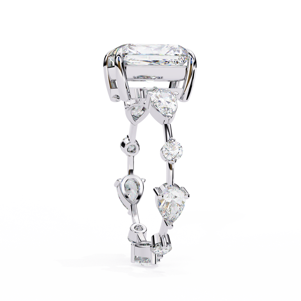 White Gold Radiant Cut Diamond Ring with Pear Eternity Band