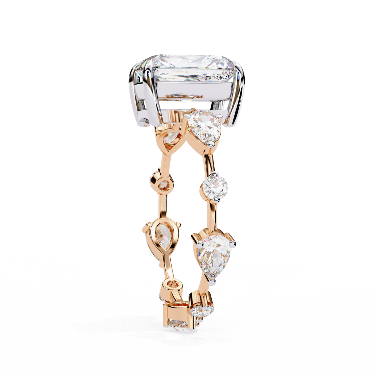 Rose Gold Radiant Cut Diamond Ring with Pear Eternity Band