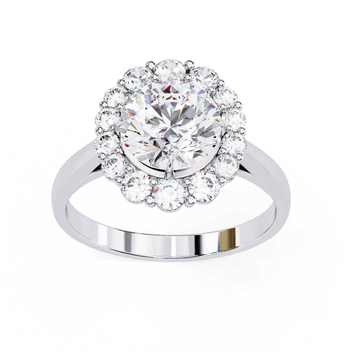 White Gold Round Cut Diamond Floral Halo Ring