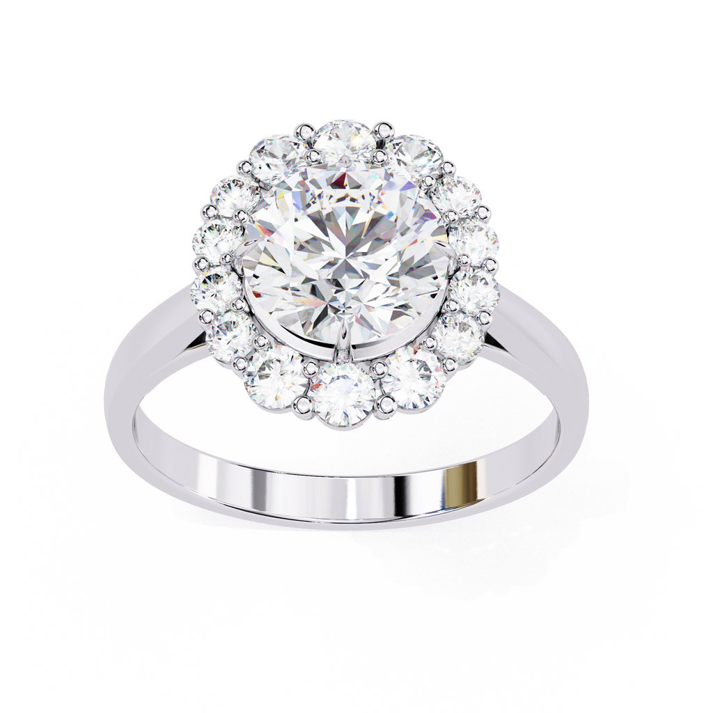 White Gold Round Cut Diamond Floral Halo Ring