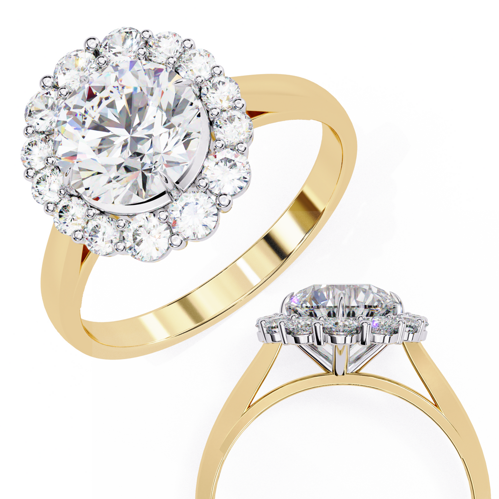 Yellow Gold Round Cut Diamond Floral Halo Ring
