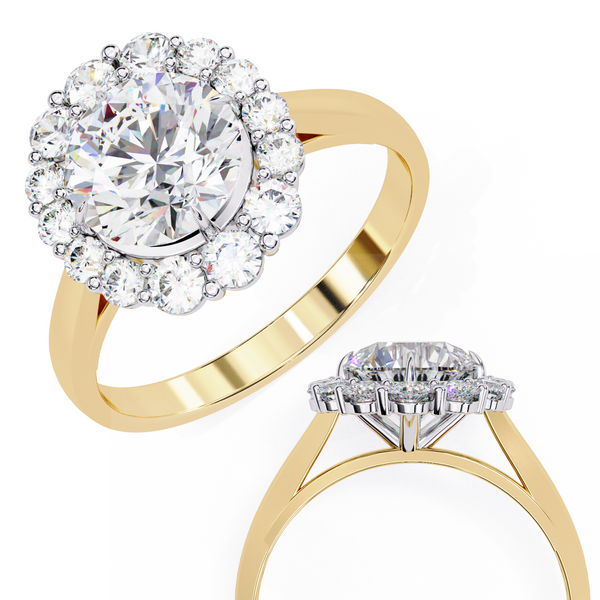 Yellow Gold Round Cut Diamond Floral Halo Ring