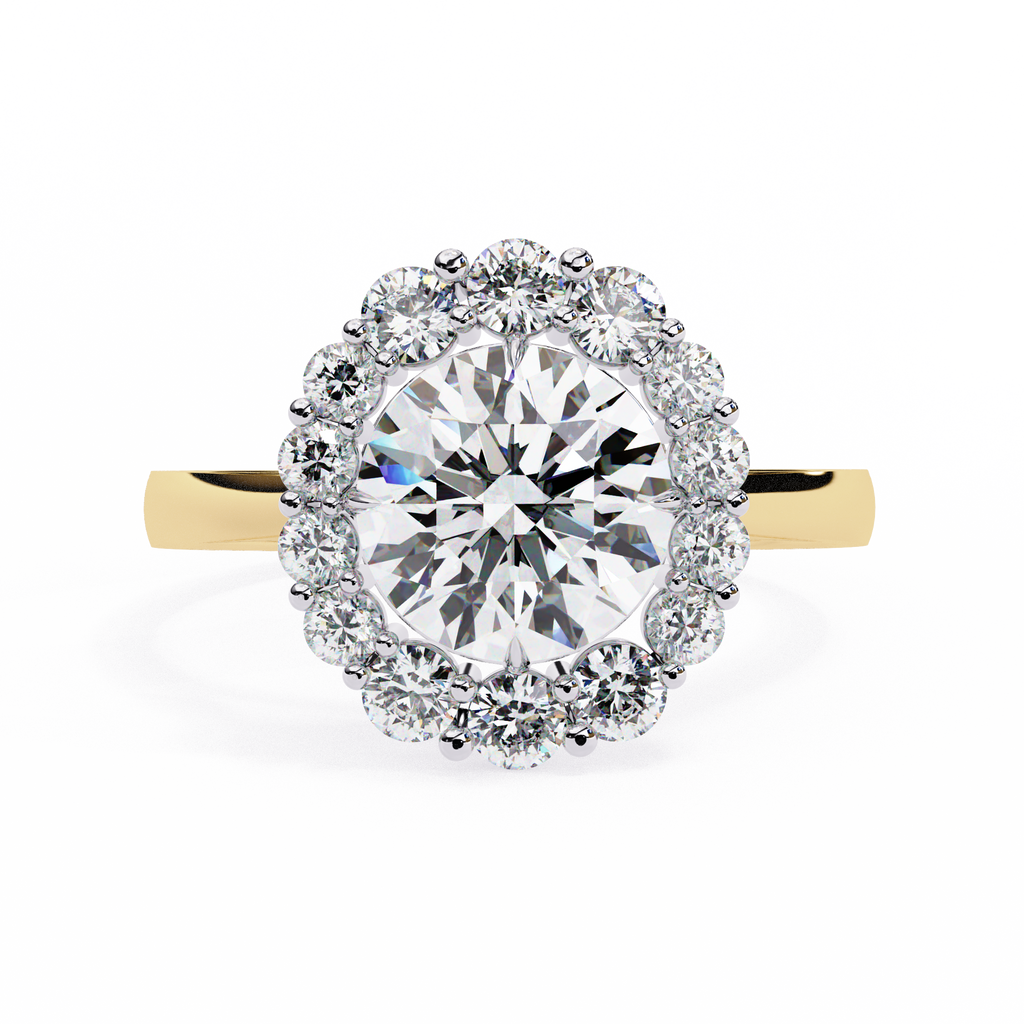 Yellow Gold Round Cut Diamond Floral Halo Ring