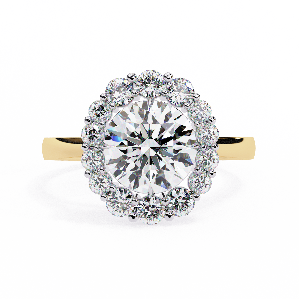 Yellow Gold Round Cut Diamond Floral Halo Ring
