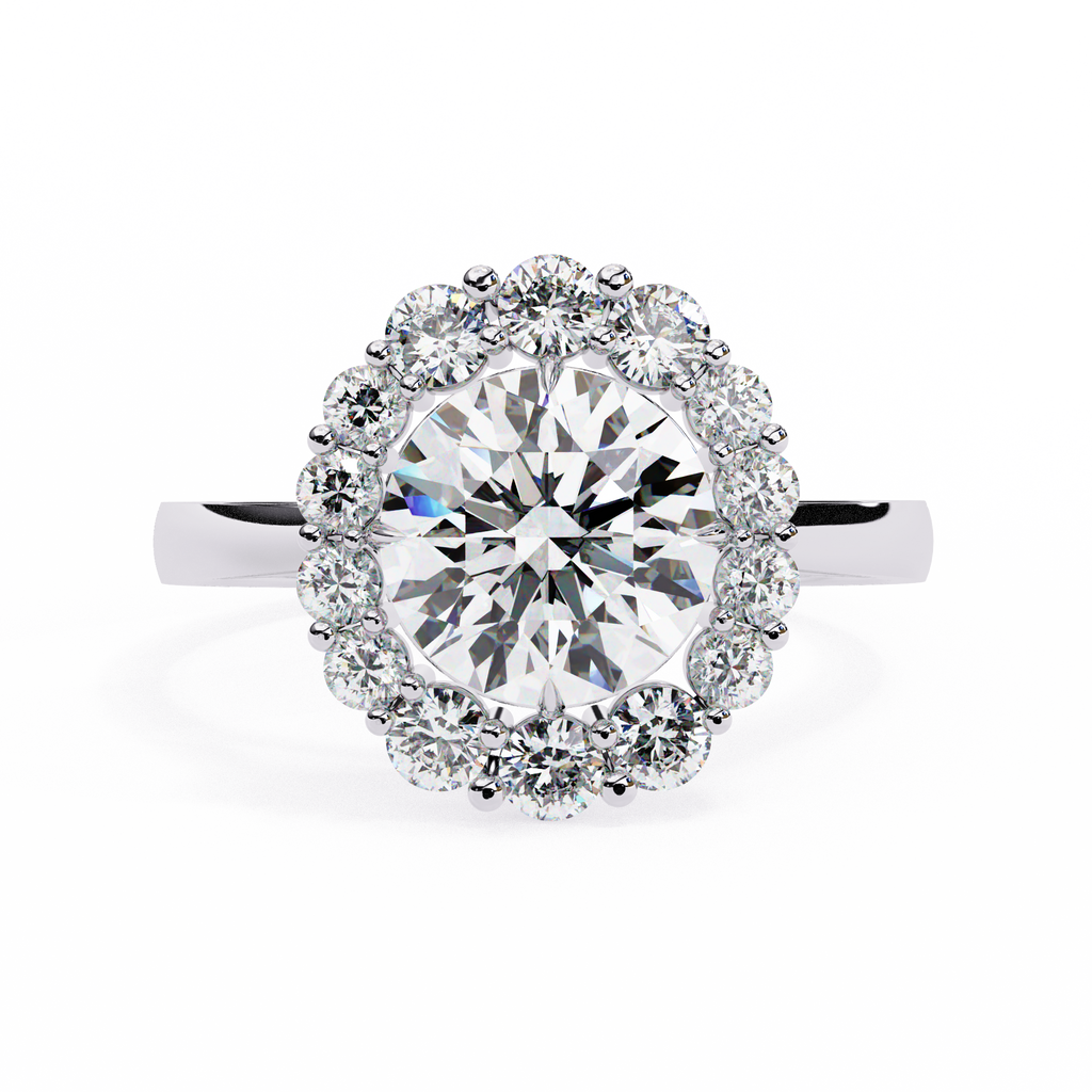 White Gold Round Cut Diamond Floral Halo Ring