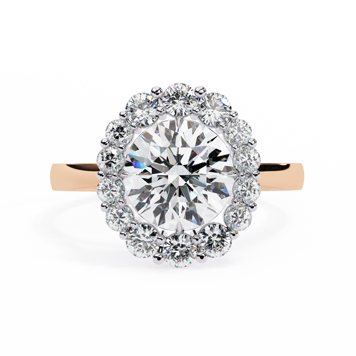 Rose Gold Round Cut Diamond Floral Halo Ring