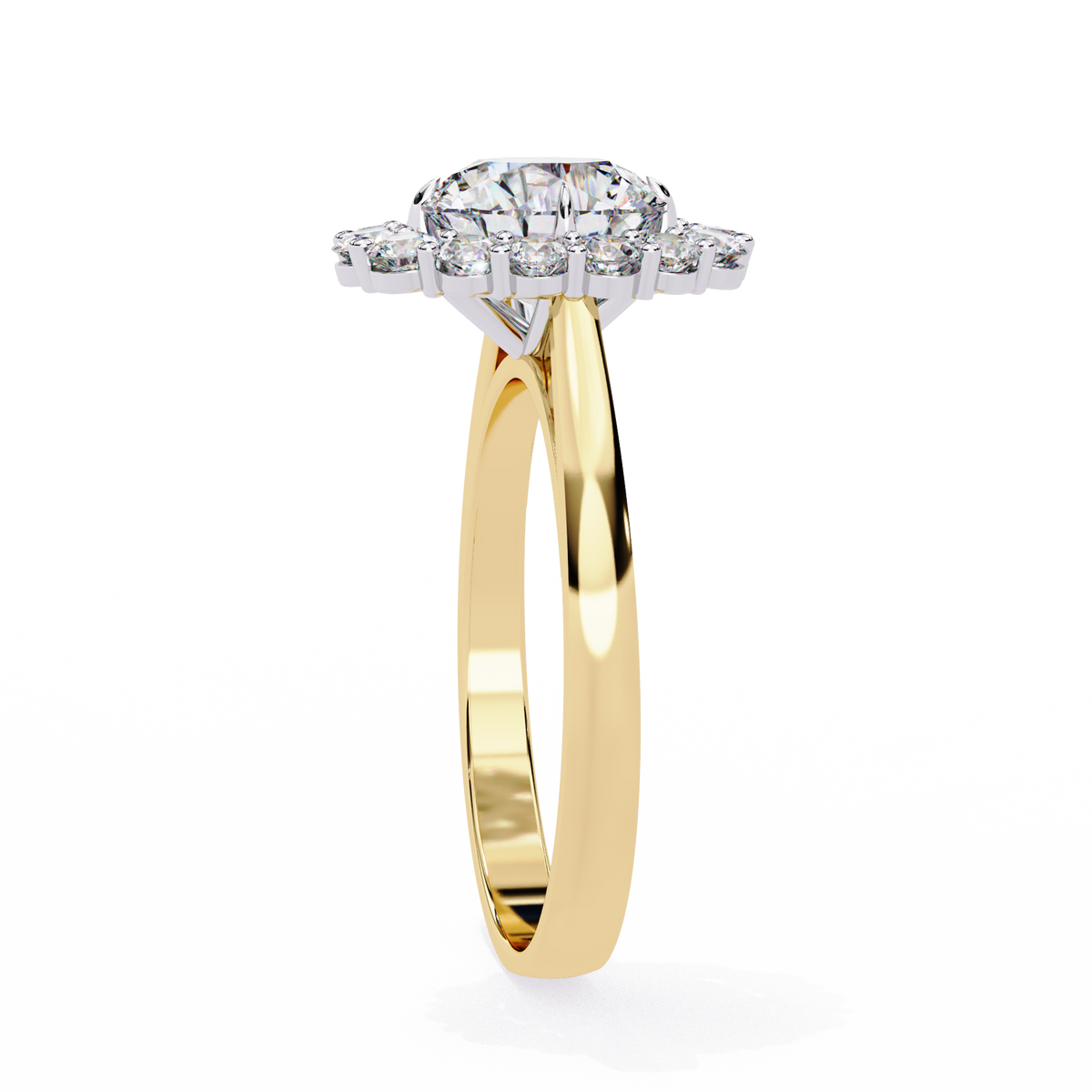 Yellow Gold Round Cut Diamond Floral Halo Ring