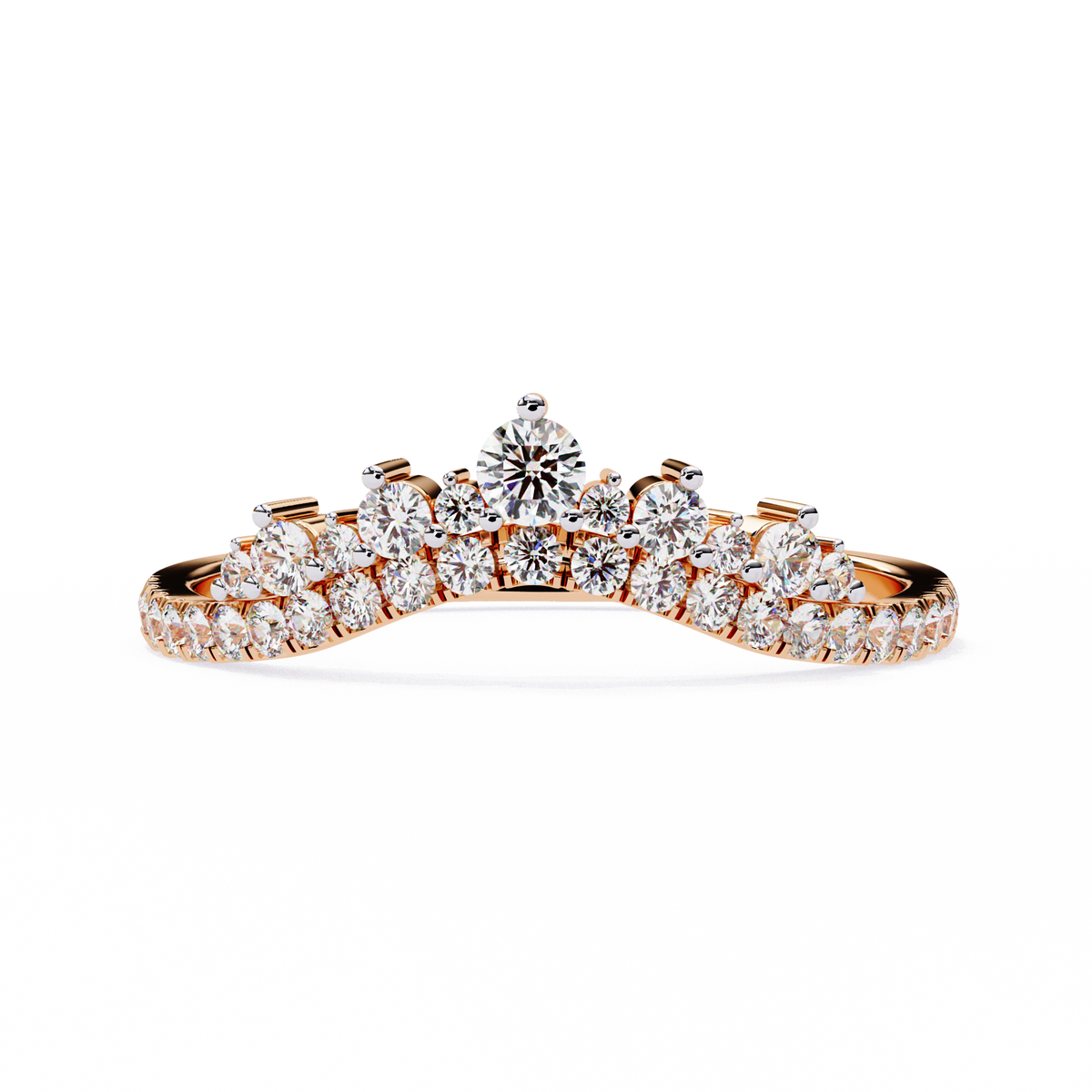 Rose Gold Round Diamond Tiara Crown Ring with Pavé Band