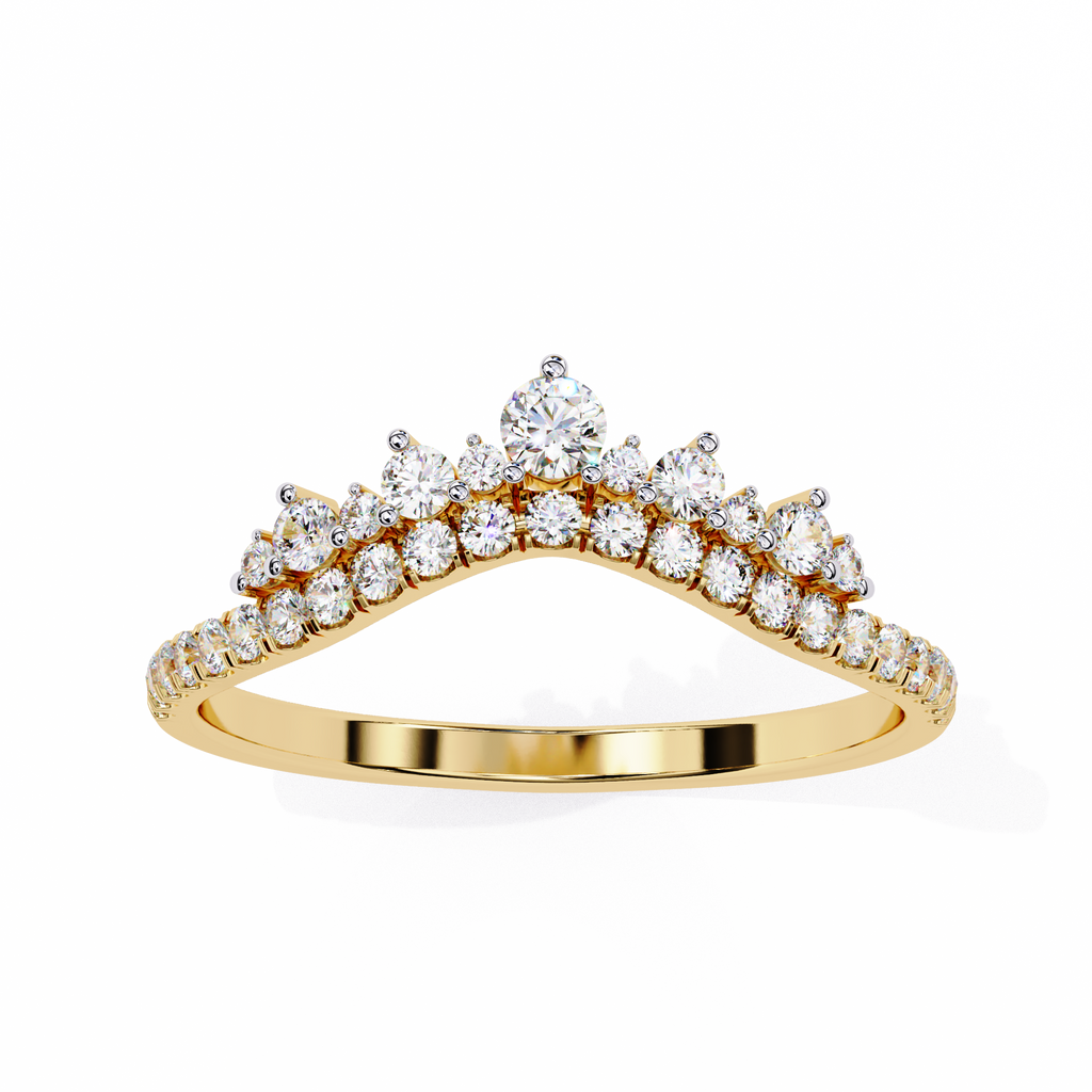 Yellow Gold Round Diamond Tiara Crown Ring with Pavé Band