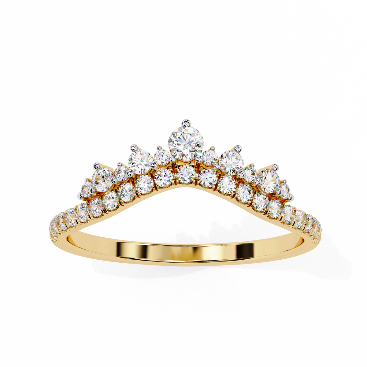 Yellow Gold Round Diamond Tiara Crown Ring with Pavé Band