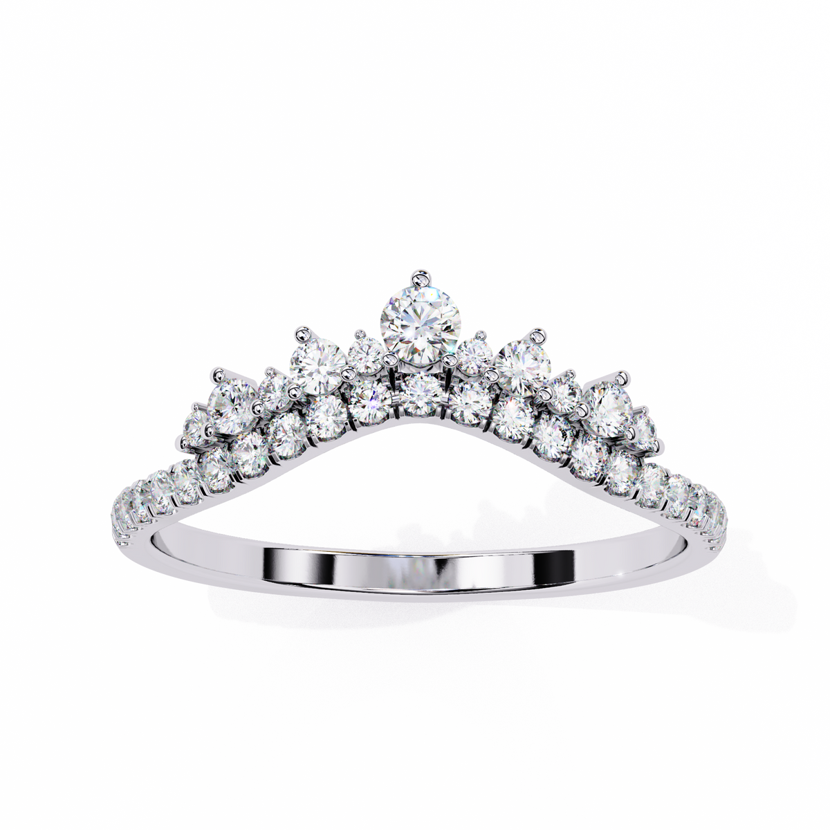 White Gold Round Diamond Tiara Crown Ring with Pavé Band