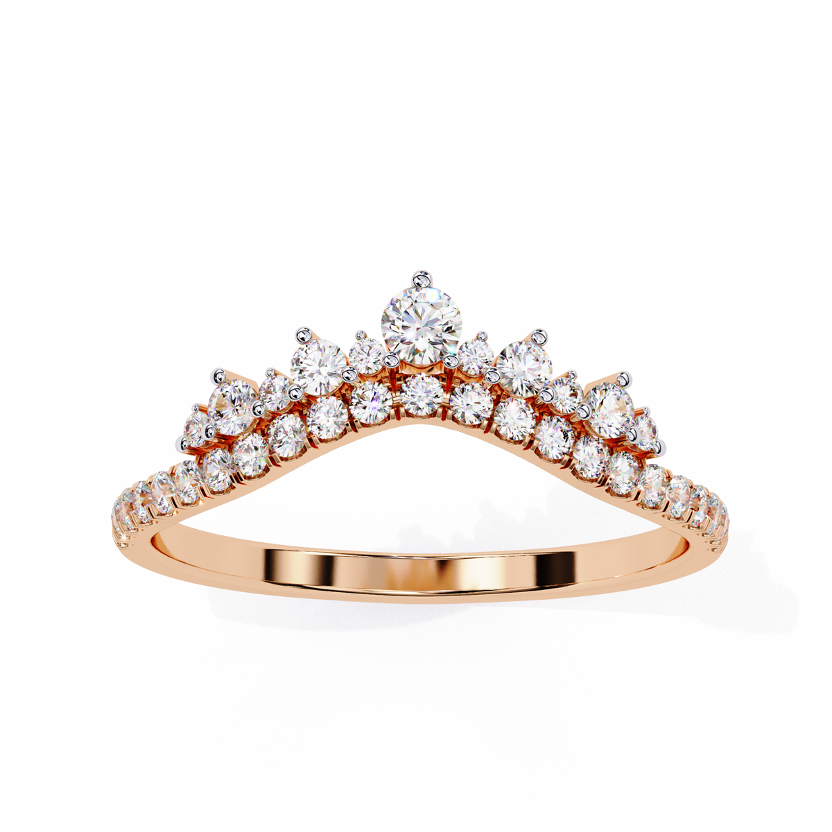 Rose Gold Round Diamond Tiara Crown Ring with Pavé Band