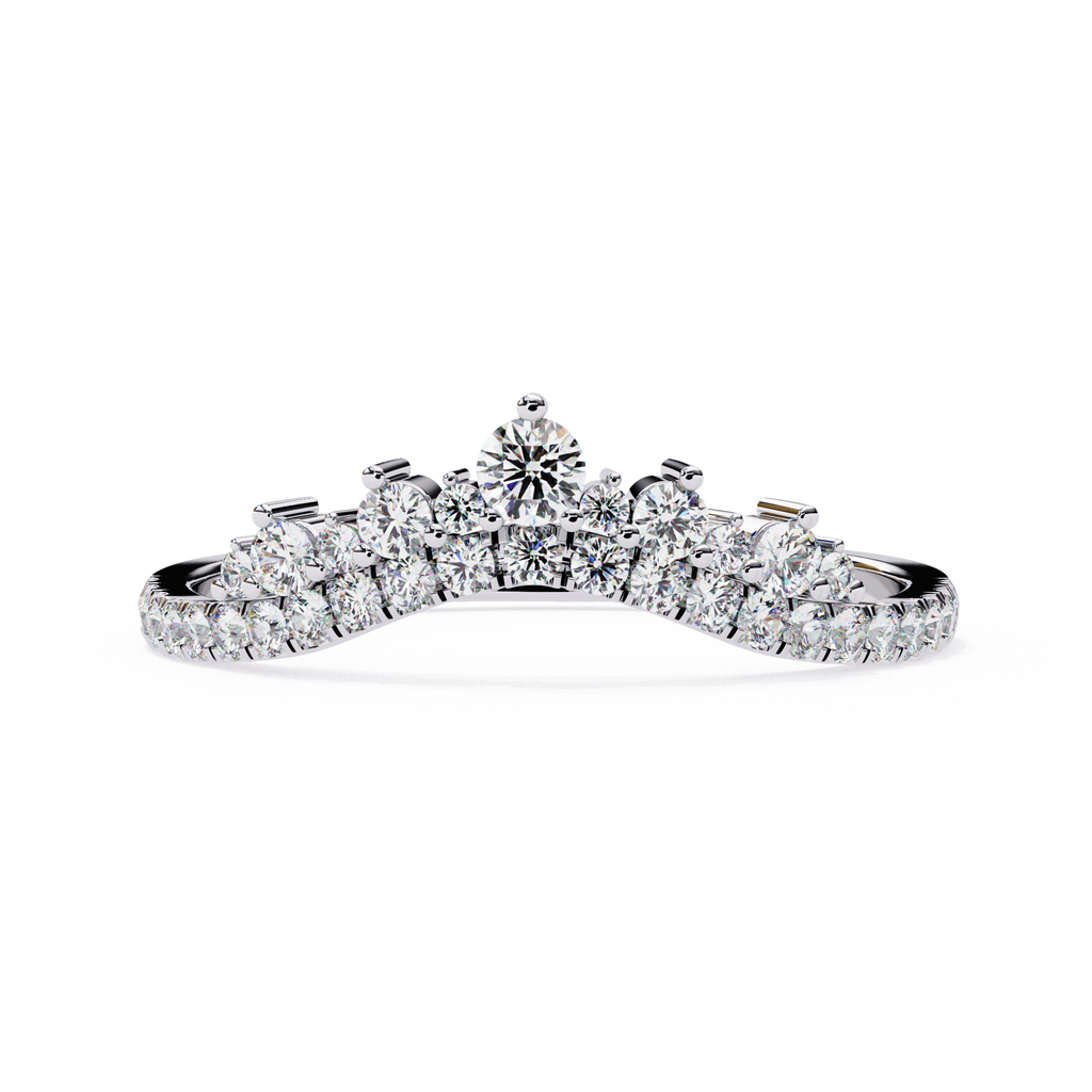 White Gold Round Diamond Tiara Crown Ring with Pavé Band