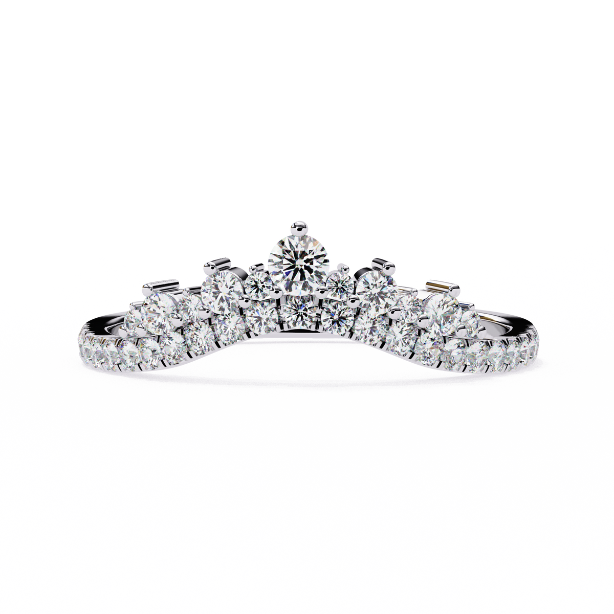 White Gold Round Diamond Tiara Crown Ring with Pavé Band