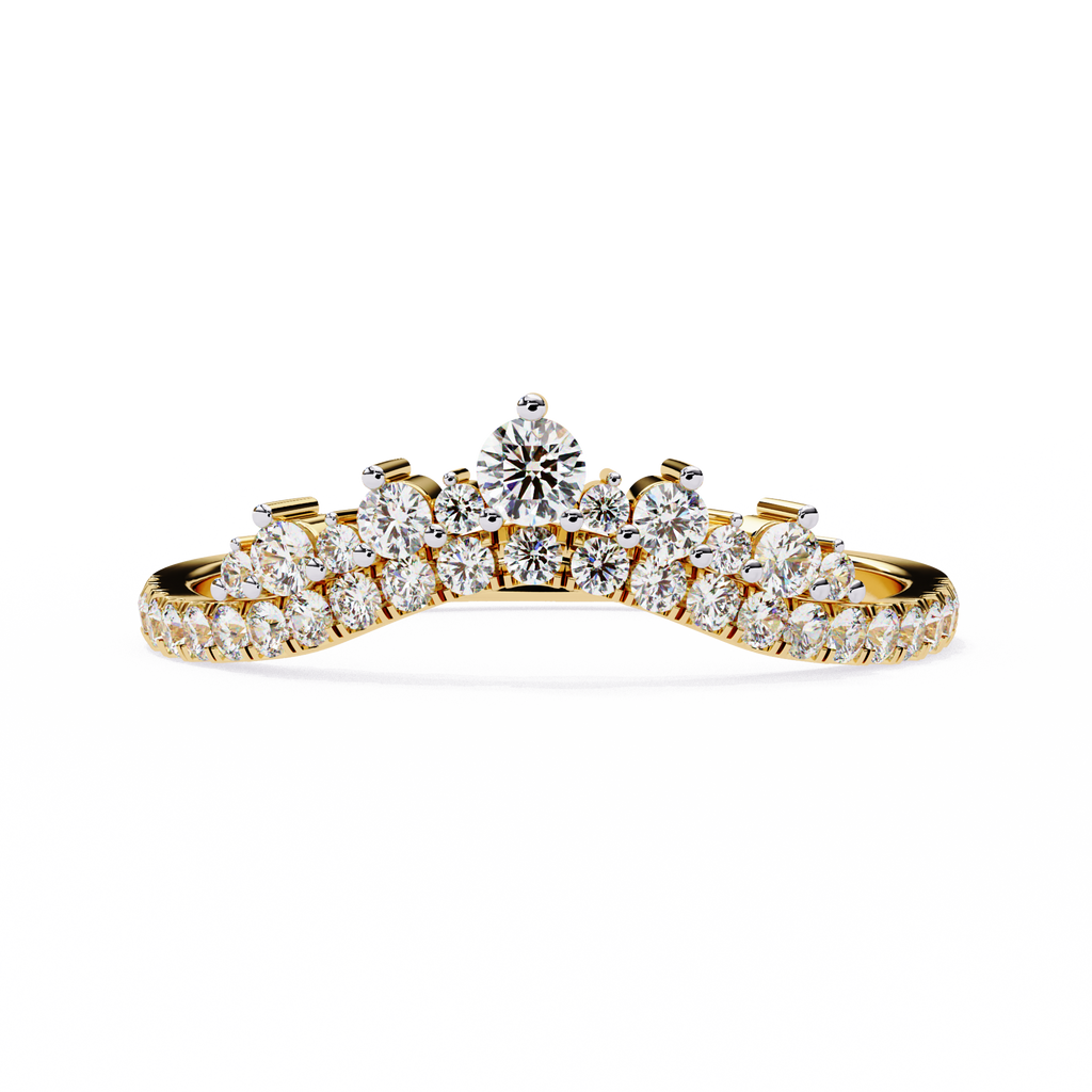 Yellow Gold Round Diamond Tiara Crown Ring with Pavé Band