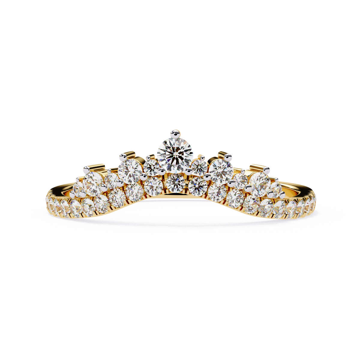 Yellow Gold Round Diamond Tiara Crown Ring with Pavé Band