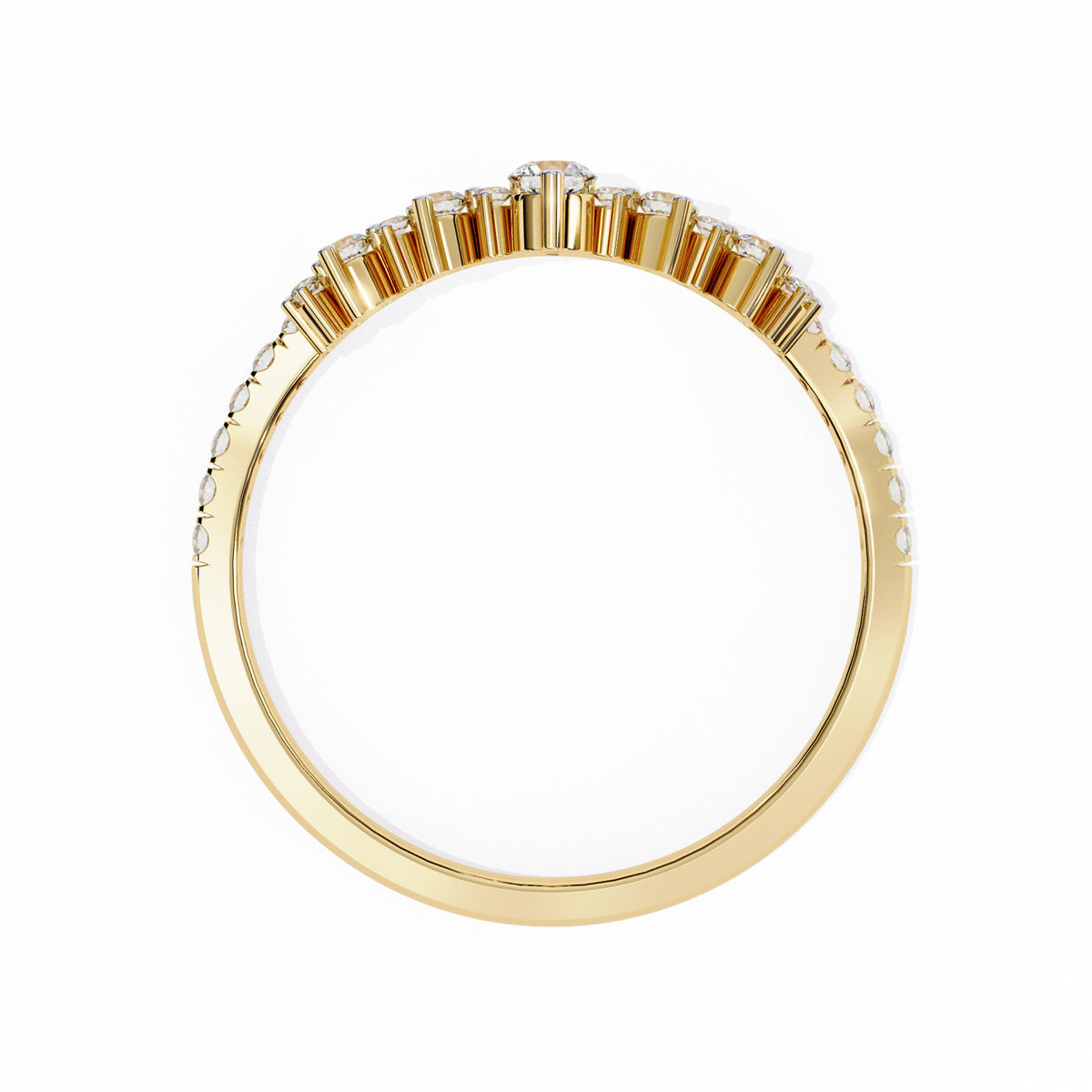 Yellow Gold Round Diamond Tiara Crown Ring with Pavé Band