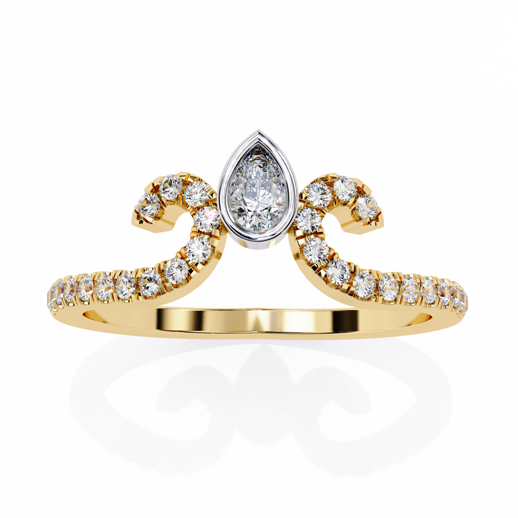 Yellow Gold Pear Cut Diamond Crown Ring with Pavé Scroll Band