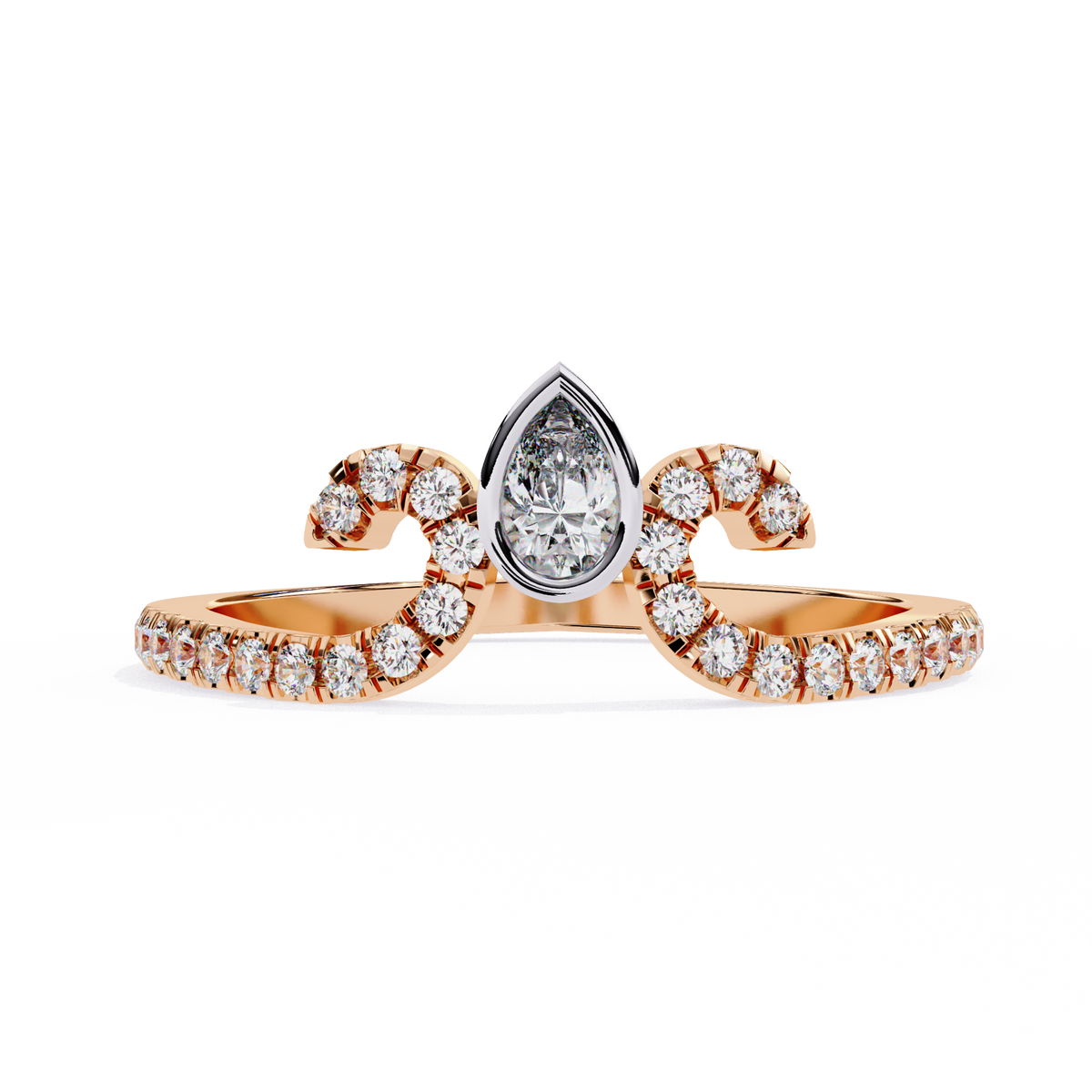 Rose Gold Pear Cut Diamond Crown Ring with Pavé Scroll Band