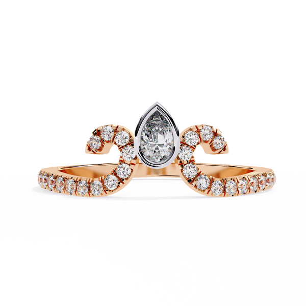 Rose Gold Pear Cut Diamond Crown Ring with Pavé Scroll Band