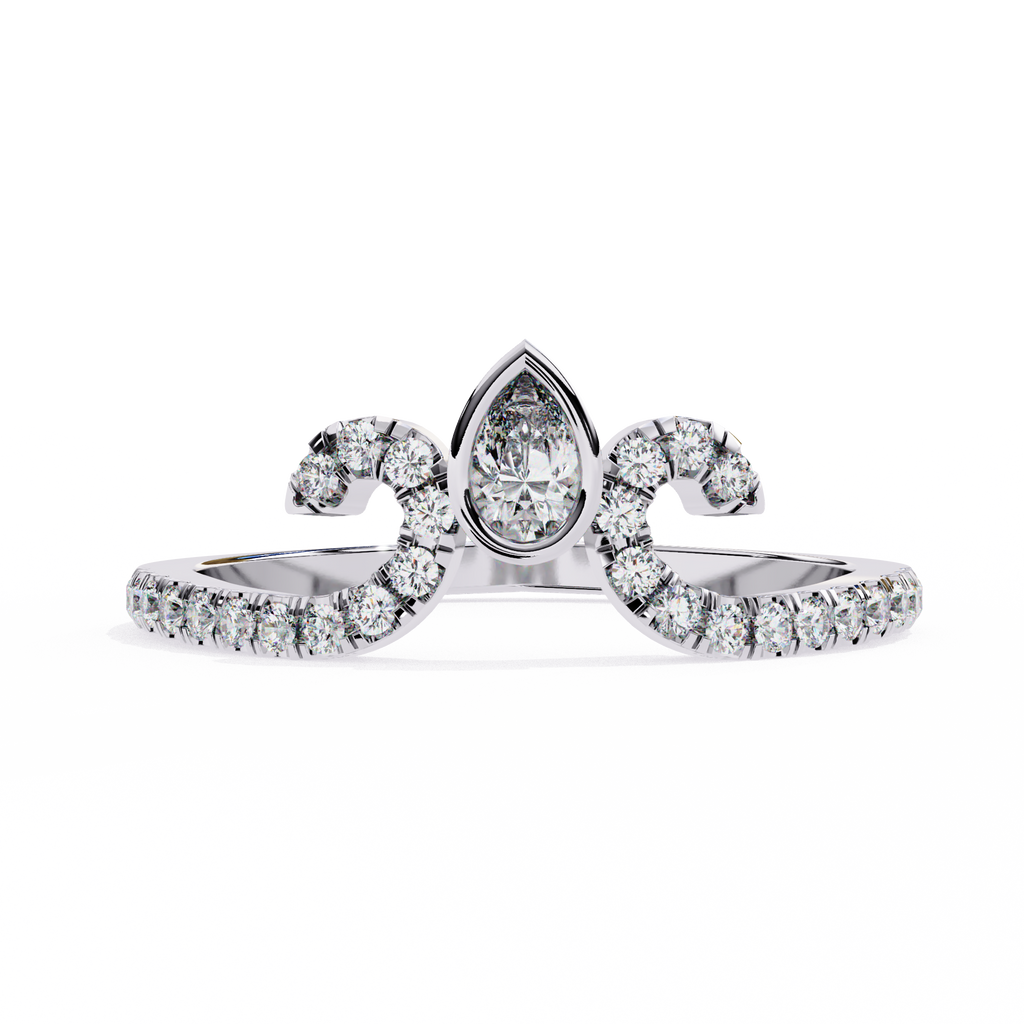 White Gold Pear Cut Diamond Crown Ring with Pavé Scroll Band