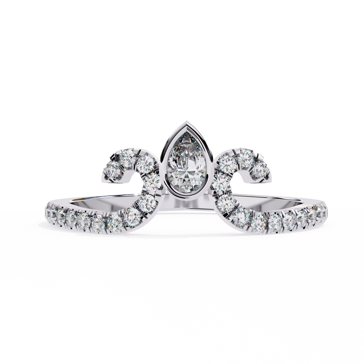 White Gold Pear Cut Diamond Crown Ring with Pavé Scroll Band