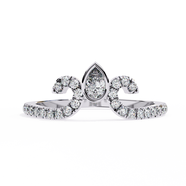 White Gold Pear Cut Diamond Crown Ring with Pavé Scroll Band