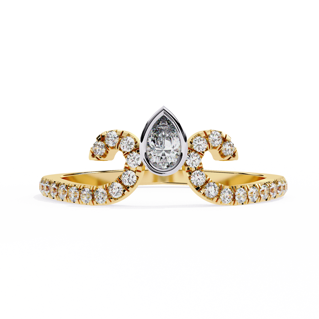Yellow Gold Pear Cut Diamond Crown Ring with Pavé Scroll Band