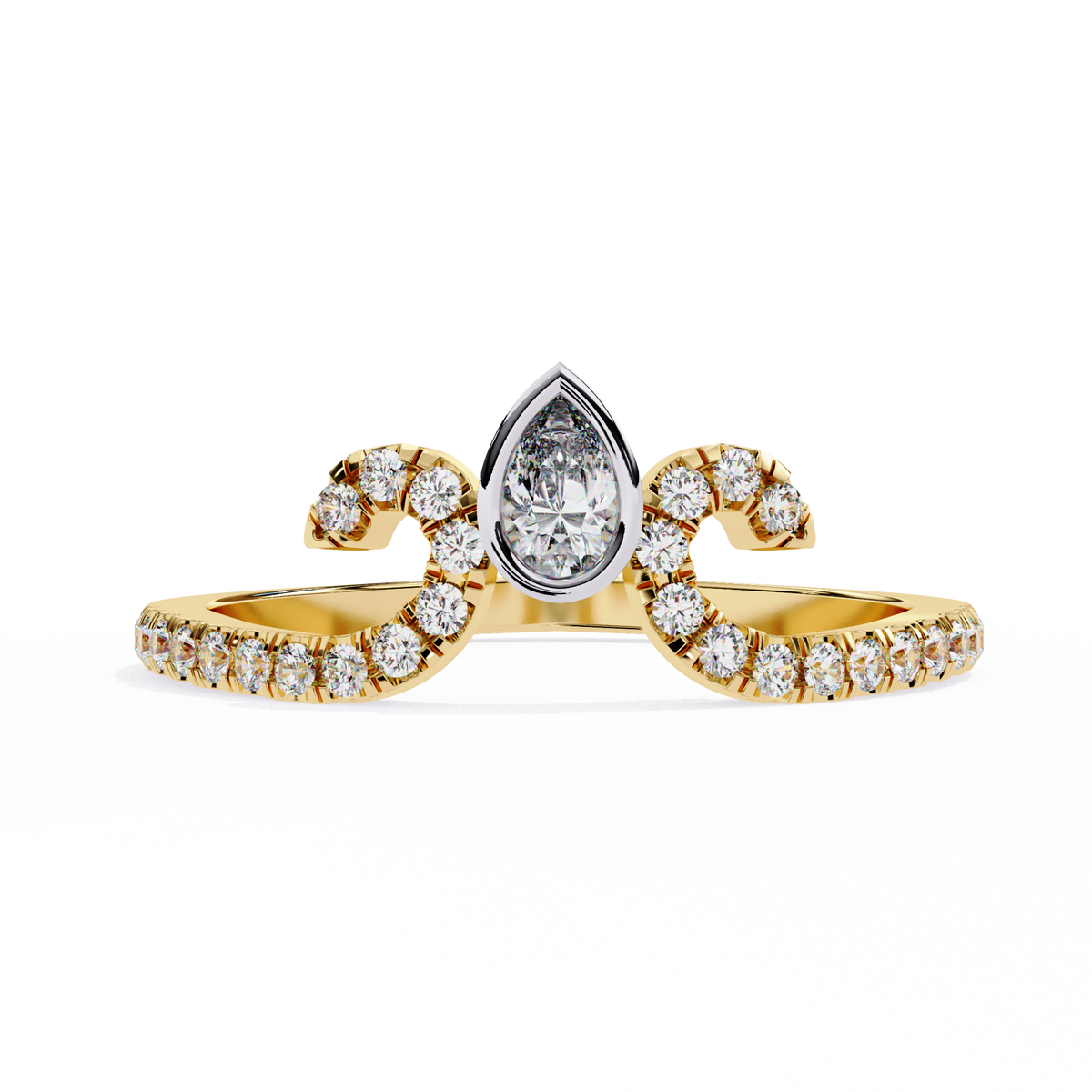 Yellow Gold Pear Cut Diamond Crown Ring with Pavé Scroll Band