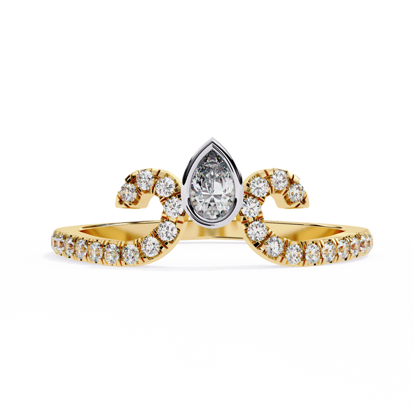 Yellow Gold Pear Cut Diamond Crown Ring with Pavé Scroll Band