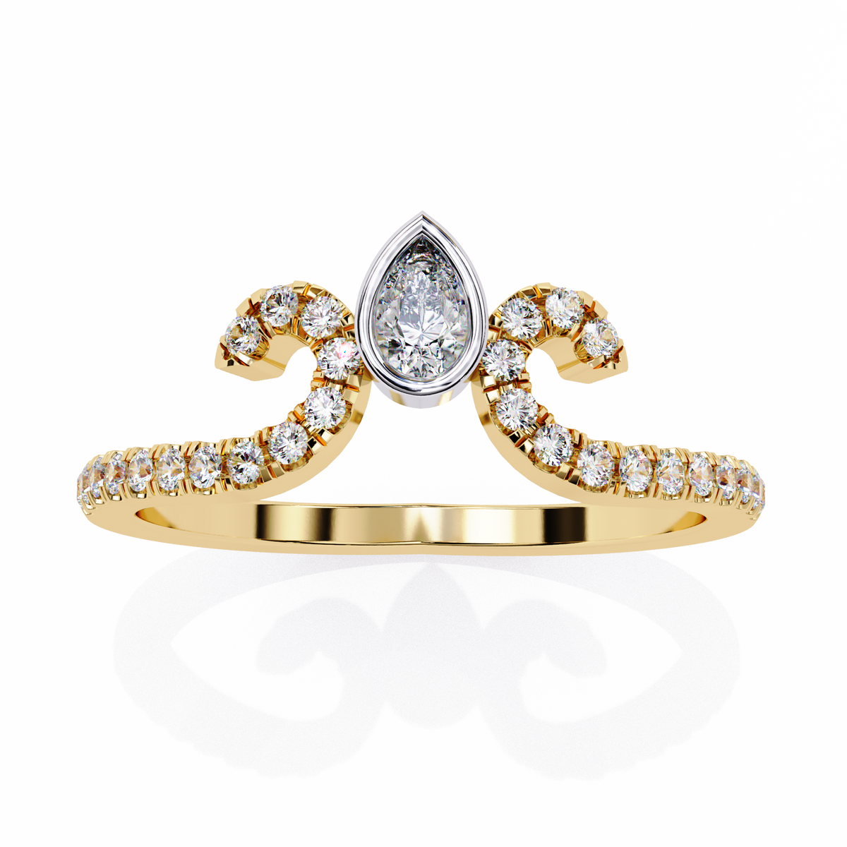Yellow Gold Pear Cut Diamond Crown Ring with Pavé Scroll Band