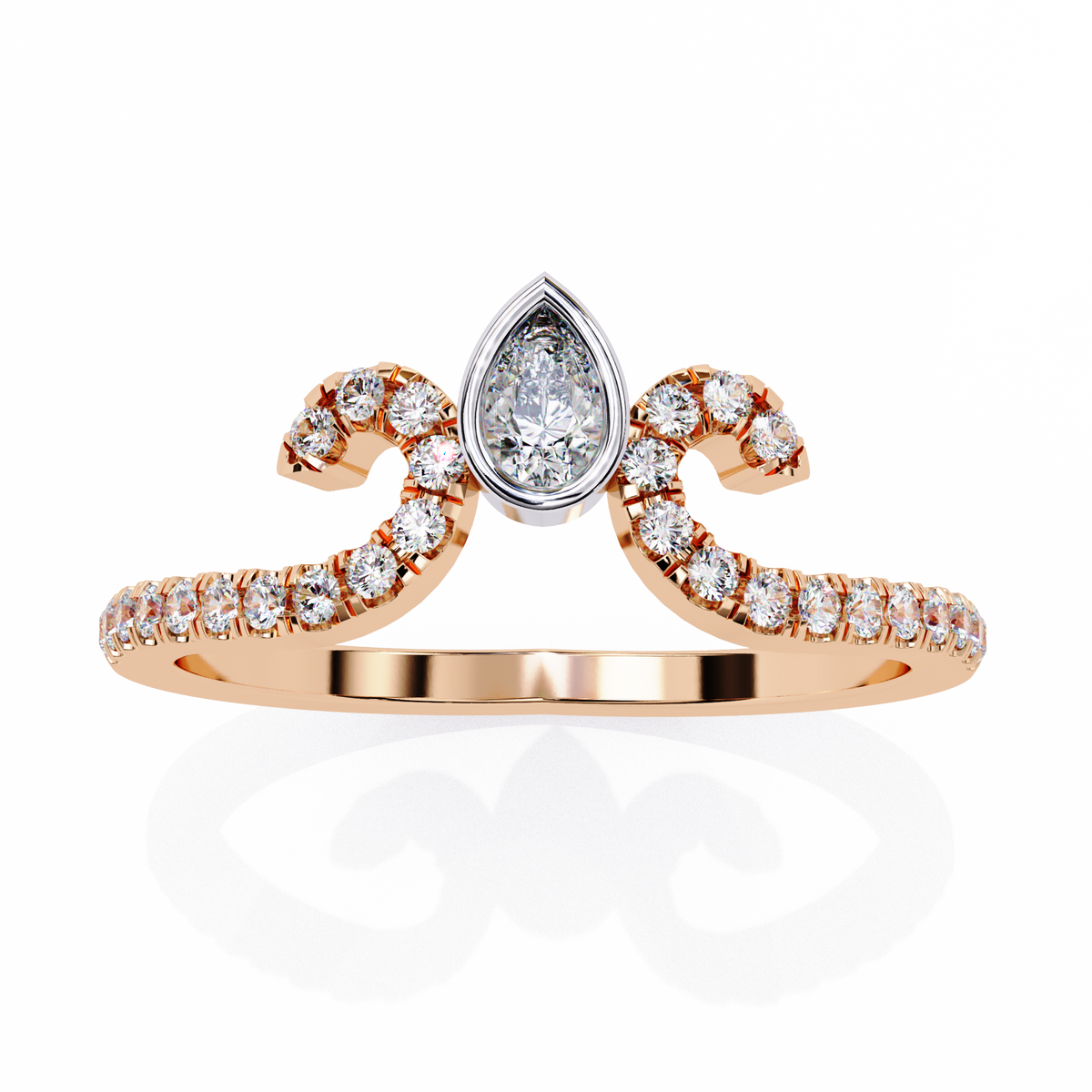 Rose Gold Pear Cut Diamond Crown Ring with Pavé Scroll Band
