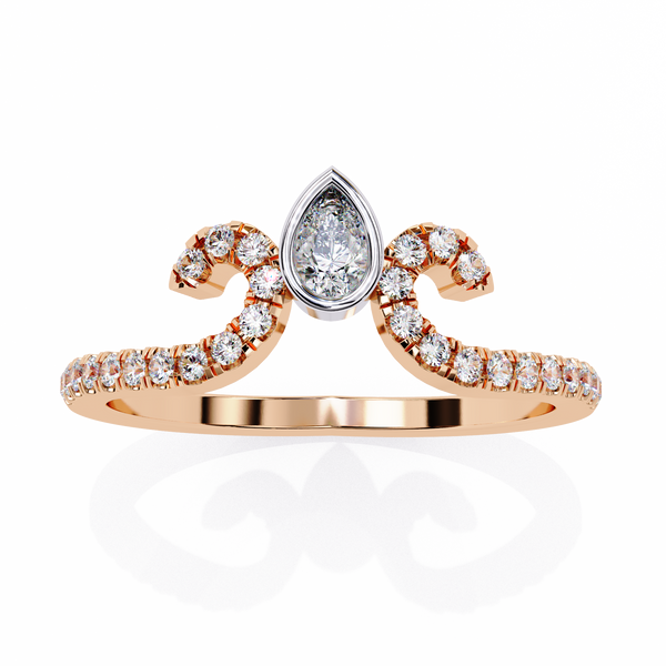 Rose Gold Pear Cut Diamond Crown Ring with Pavé Scroll Band