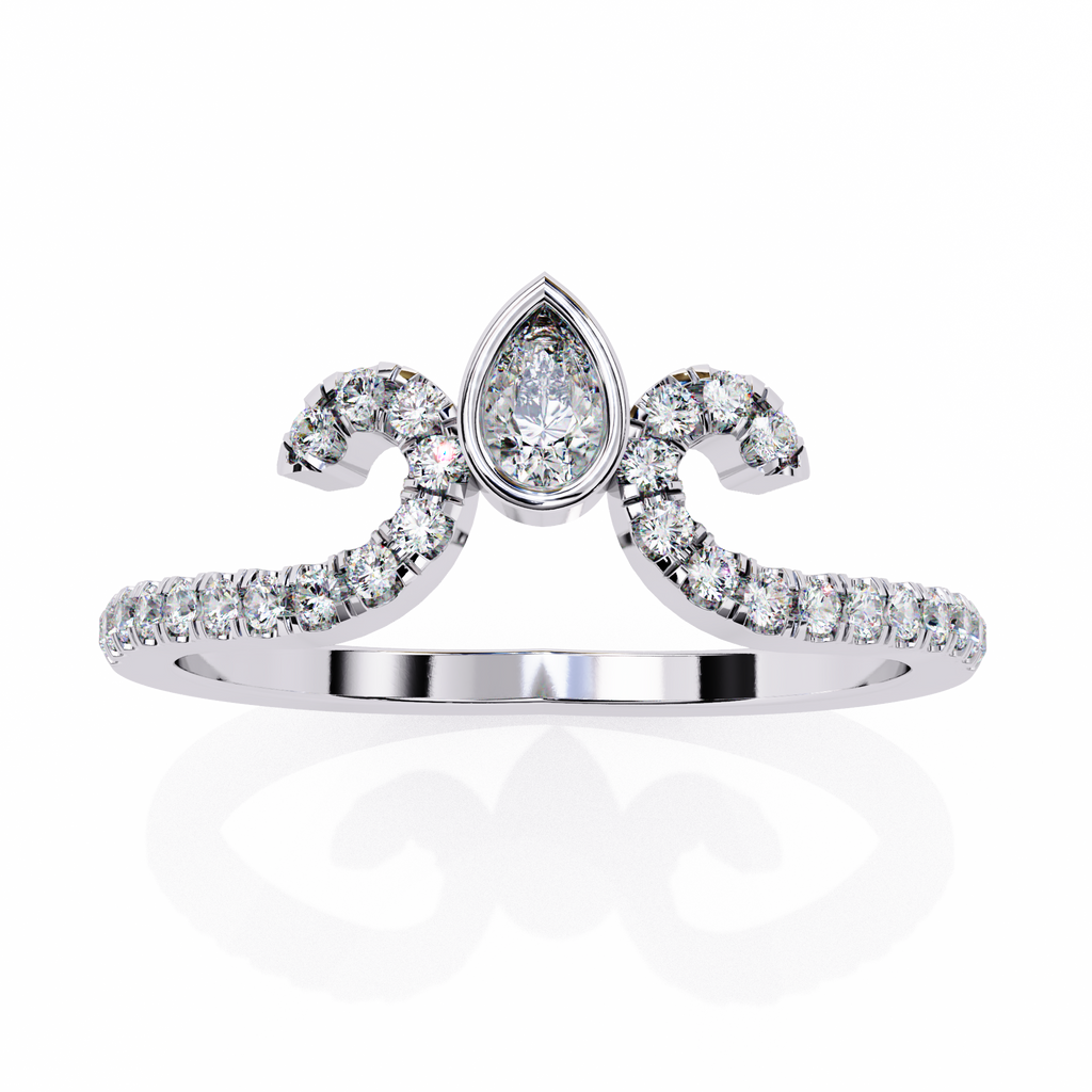 White Gold Pear Cut Diamond Crown Ring with Pavé Scroll Band