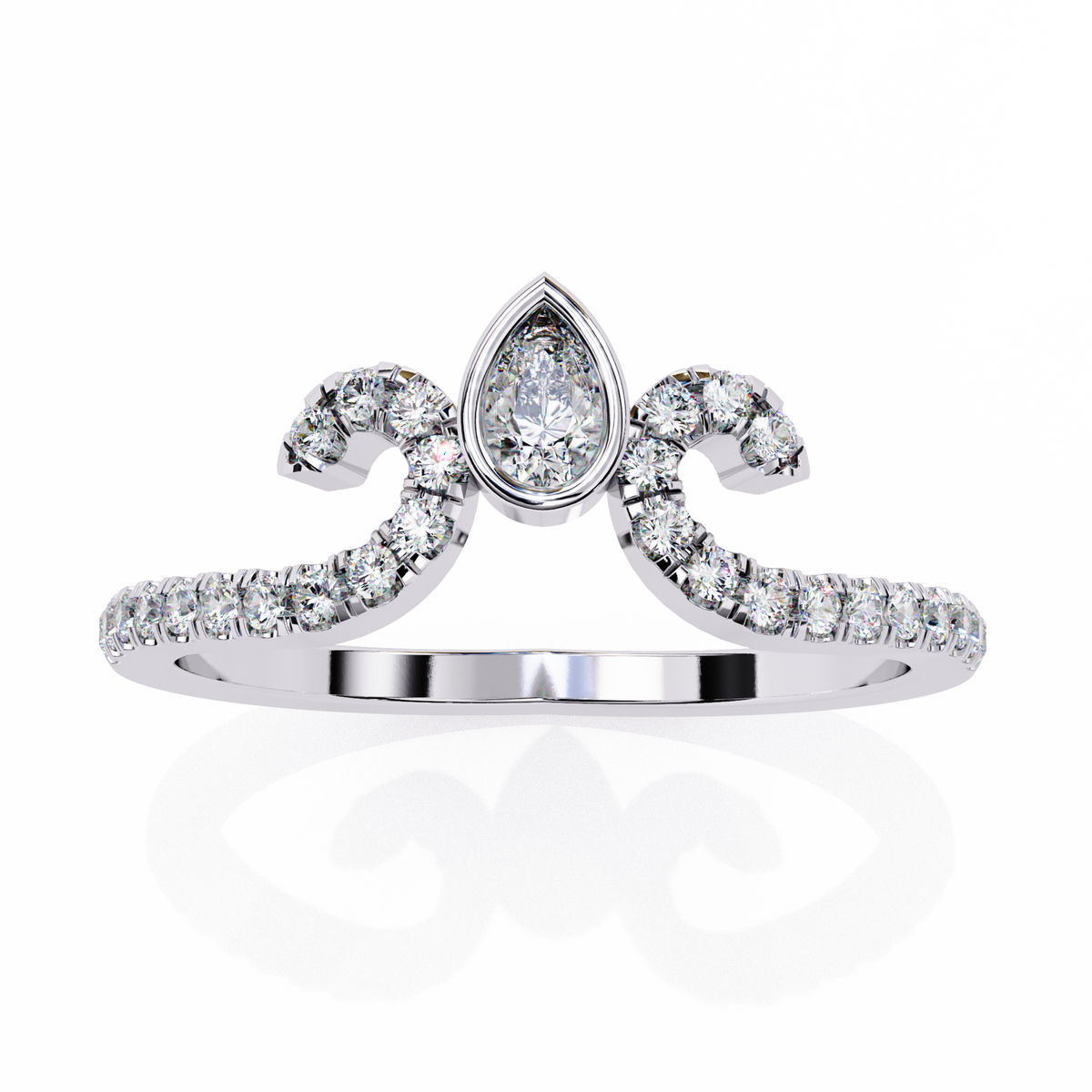 White Gold Pear Cut Diamond Crown Ring with Pavé Scroll Band