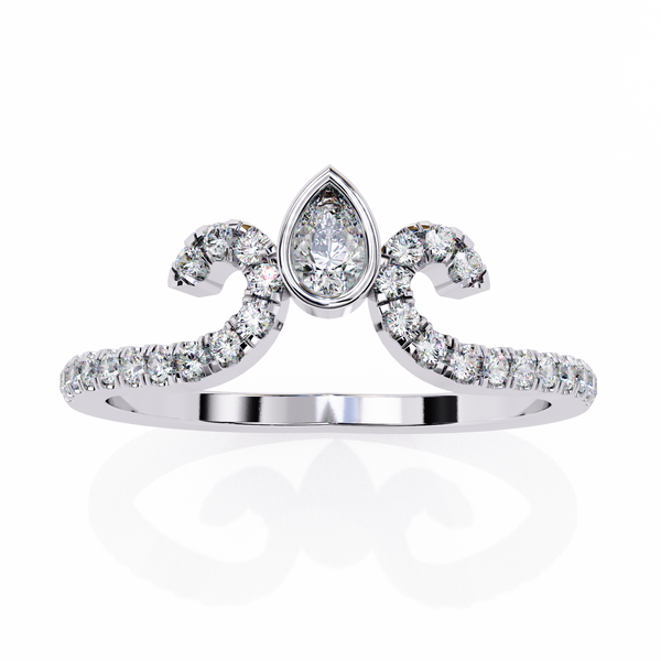 White Gold Pear Cut Diamond Crown Ring with Pavé Scroll Band